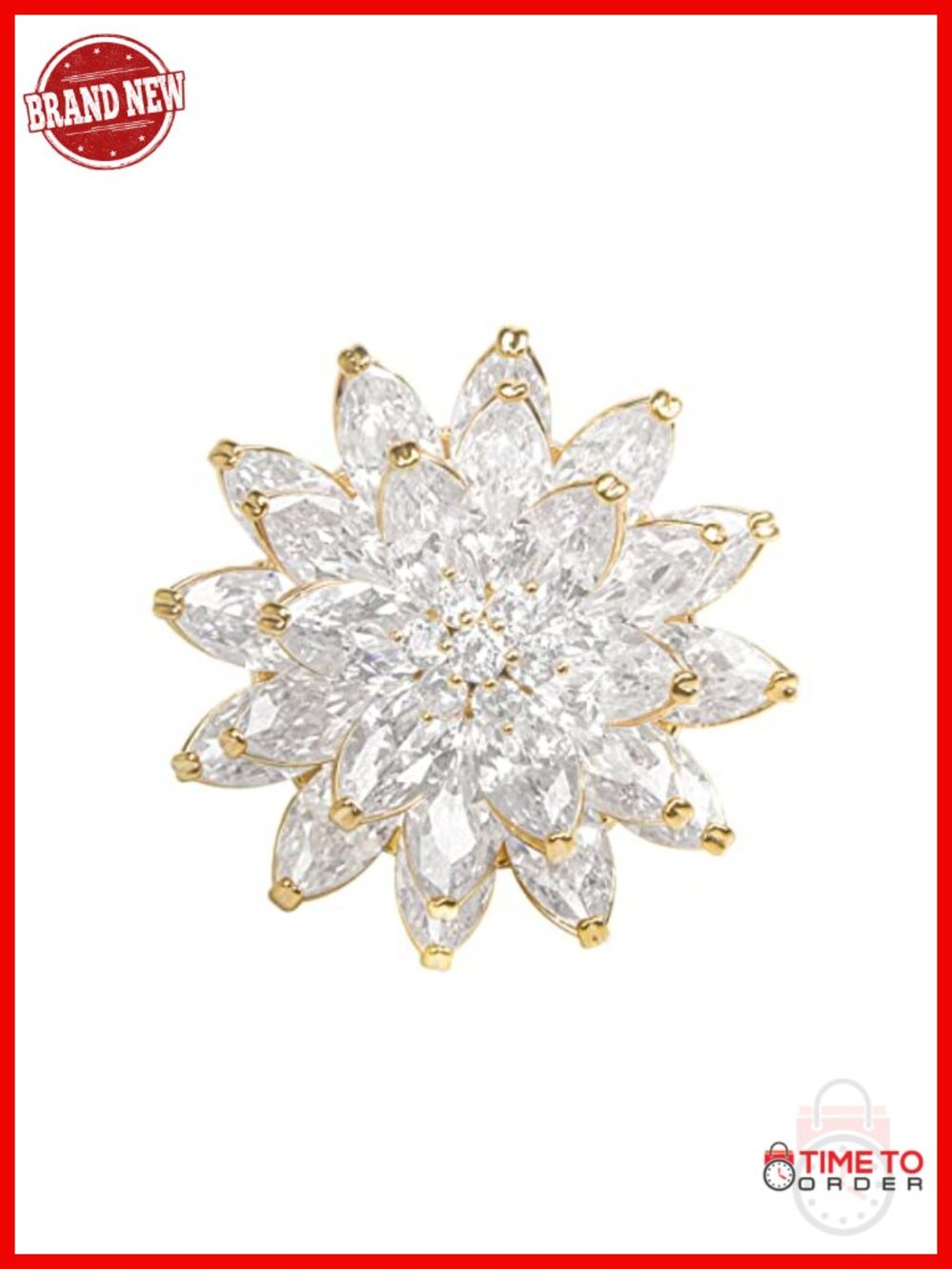 Gold Plated Brass Flower Brooch with Cubic Zirconia for Women